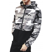 Fashionable Camouflaged Color Block Zip Up Hooded Pockets Detail Jacket