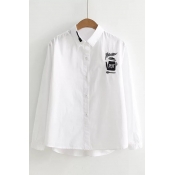 Stylish Teapot Letter Fork Embroidered Point Collar Long Sleeves Button Front Shirt