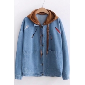 Cool Letter Fish Embroidery Color Block Patchwork Button Down Denim Jacket