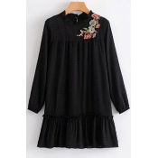 Chic Floral Embroidered Ruffle Round Neck Loose Long Sleeves Swing Mini Dress