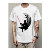 Lonely Man Moon Printed Round Neck Short Sleeve Tee
