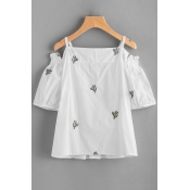 Women's Fashion Square Neck Short Sleeve Cold Shoulder Cactus Embroidered Blouse