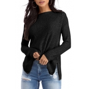 Leisure Plain Slash Neck Long Sleeve Dip Hem Split Side Knit Sweater