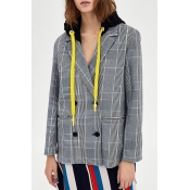 Classic Plaid Print Contrast Hood Double Breasted Long Sleeve Coat