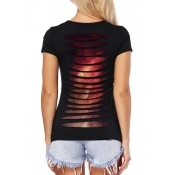 Casual Cutout Hollow Back Galaxy Pattern Scoop Neck Layered Tee
