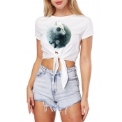 Cute Contrast Wolf Tai Chi Pattern Round Neck Short Sleeves Bow Tie Front Cropped Tee