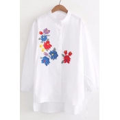 Women's Fashion Floral Embroidered Round Neck Dipped Hem Button Down Tunic Shirt