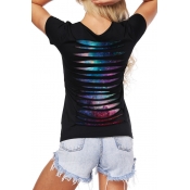 Cutout Hollow Back Galaxy Pattern Scoop Neck Layered Tee