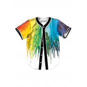 Trendy Colorful Color Block Paint Print Button Front Short Sleeve Baseball Tee