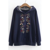 Floral Embroidered Lace Trim Long Sleeves Zippered Hoodie