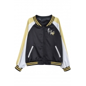 Sportive Color Block Cartoon Chinese Guitar Embroidered Zip Up Baseball Jacket