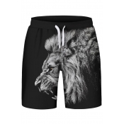 Cool Monochrome Lion Print Drawstring Waist Sports Shorts