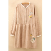 Girlish Floral Butterfly Embroidered Gingham Plaids Button Detail Smock Mini Dress