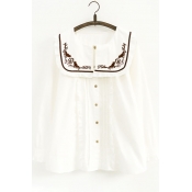Elegant Cat Letter Embroidered Round Neck Button Down Long Sleeves Pleated Shirt