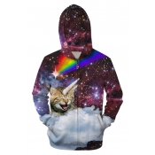 3D Galaxy Cat Printed Long Sleeve Zip Up Hoodie with Pockets