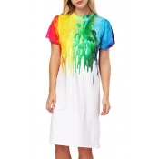 Popular Colorful Paint Color Block Crew Neck Short Sleeve Split Side Midi T-shirt Dress