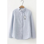 Simple Fish Cat Cartoon Embroidery Lapel Fur Padded Button Front Lapel Shirt