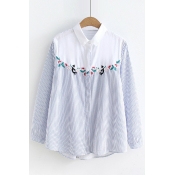 Retro Style Cat Floral Embroidered Striped Color Block Button Front Shirt