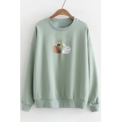 Trendy Swan Embroidered Round Neck Long Sleeves Pullover Sweatshirt