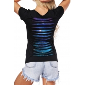 Trendy Cutout Hollow Back Galaxy Pattern Scoop Neck Layered Tee