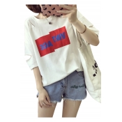 Popular Letter Pattern Cutout Hollow Detail Round Neck Half Sleeves Casual Tee