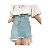 Sheer Mesh Patched High Waist Asymmetric Hem Mini Denim Skirt