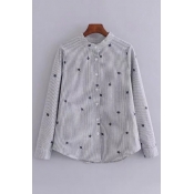 Fashionable Embroidered Pattern Long Sleeve Single Breasted Striped Shirt