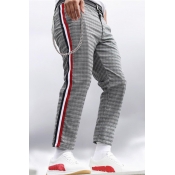 Man's Popular Leisure Color Block Stripes Side Plaids Printed Straight Pants
