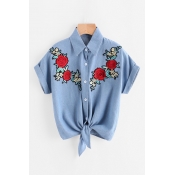 New Stylish Lapel Collar Short Sleeve Buttons Down Floral Embroidered Denim Shirt
