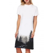 Monochrome Forest Print Crew Neck Short Sleeve Split Side Midi T-shirt Dress
