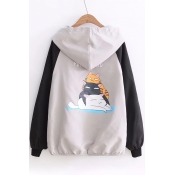Cute Cat Cartoon Letter Printed Color Block Zippered Hooded Coat with Pockets