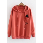 Simple Cat Embroidered Long Sleeves Pullover Loose Casual Hoodie