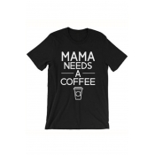 Fashionable Letter Coffee Print Round Neck Short Sleeves Casual Tee