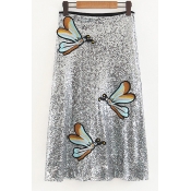 Women's Fashion Butterfly Embroidery Sequined Midi A-line Skirt