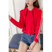 Sportive Striped Side Long Sleeves Pullover Cropped Drawstring Hoodie