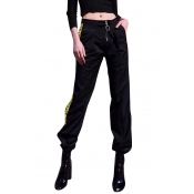 Letter Printed Contrast Striped Side Zipper Fly Loose Pants