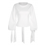 Cute Puff Sleeve Round Neck Plain Hollow Out Tied Back Blouse