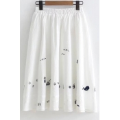 Small Boat Embroidered Elastic Waist Midi A-Line Skirt