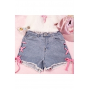Girly Lace-up Side Zipper Fly Pocket Detail Ripped Hem Summer Denim Shorts