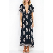 Summer Fashion Plunge Neck Short Sleeve Floral Print Hollow Bow Tie Back Maxi Dress