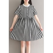 Chic Striped Printed Stand Up Collar Buttons Down Short Sleeve Mini A-Line Dress
