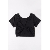Natural Plain Knotted Back Scoop Neck Short Sleeve Cropped Tee