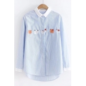Cute Cartoon Cat Embroidered Contrast Collar Striped Printed Long Sleeve Dip Hem Single Breasted Shirt