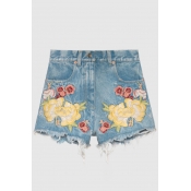 Fancy Floral Embroidered Zipper Fly Pocket Detail Raw Edged Hot Pants Denim Shorts