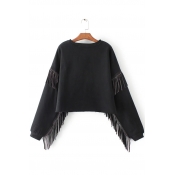 Chic Tassel Detail Round Neck Long Sleeves Pullover Cropped Sweatshirt