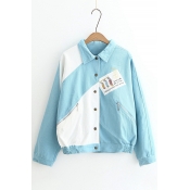 Unique Color Block Letter Embroidery Single Breasted Lapel Zip Pockets Jacket