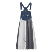 Girlish Denim Patchwork Color Block Embroidery Loose Mini Overall Dress