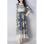 Retro Floral Print Round Neck Long Sleeve Maxi A-line Dress