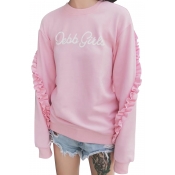 Fancy Letter Print Ruffle Detail Round Neck Long Sleeves Pullover Sweatshirt