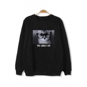 Lovely Cat Letter Printed Round Neck Long Sleeve Pullover Sweatshirt